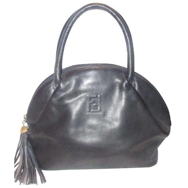 Fendi Early Top Handle Purse Navy Blue Leather With Quilted Ff Logo And Tassel Accent Satchel