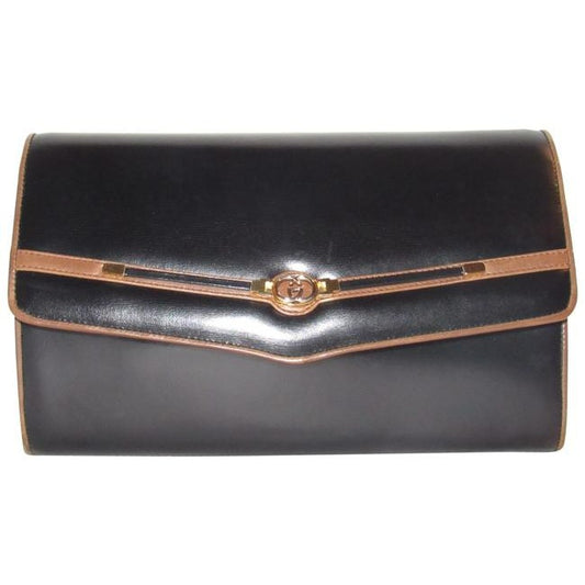 Gucci Vintage Pursesdesigner Purses Glossy Black Leather With Brown Leather Trim And Gold Equestrian