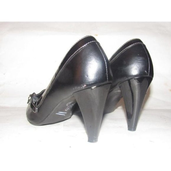 Etienne Aigner CYNTHIA Black Faux Leather & Patent open toe, 3.5" heels with a chrome buckle