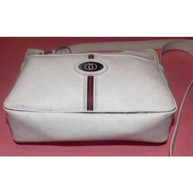 Gucci Vintage White Leather White Small G Logo Print Coated Canvas And Red Blue Stripe