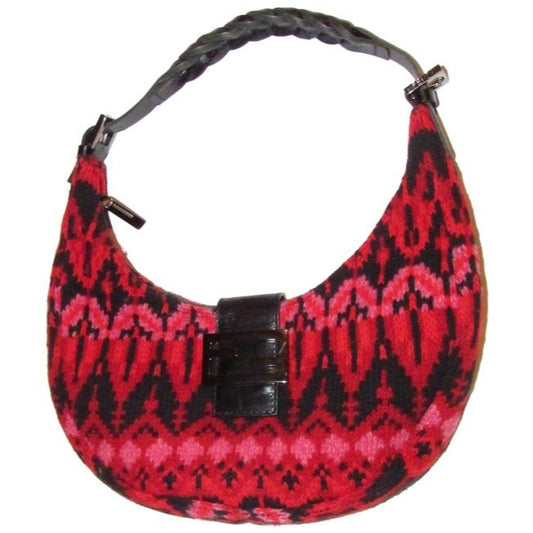 Fendi Style Shoulder Purses Red Pink And Black Knit Design Wool And Black Leather Hobo Bag