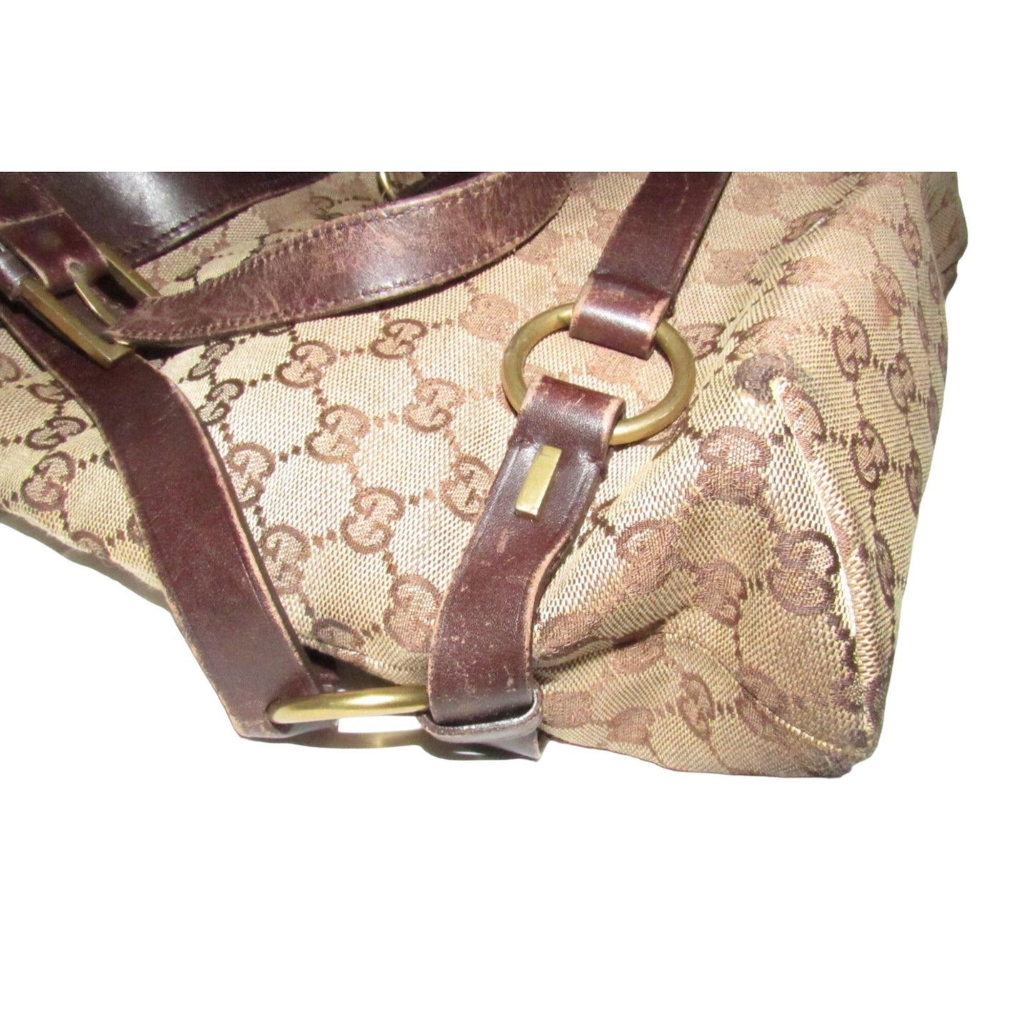 Gucci brown Guccissima print canvas & leather strappy cylindrical tote with brass accents