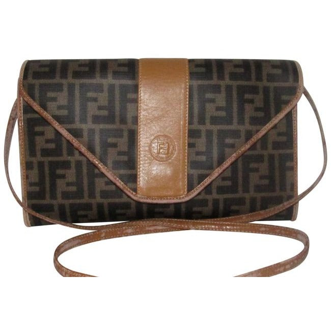 Fendi Clutch Zucca Print Two Way Style Cross Bodyshoulder Purse Or Brown Large F Logo Coated Canvas