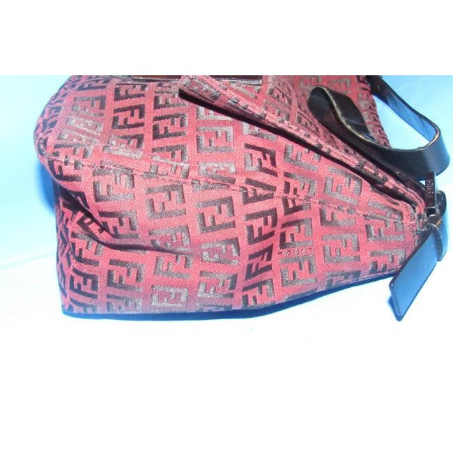 Fendi Mamma Zucco Zucchino Canvasleather Black Logo Print On Dark Red Canvas And Leather Shoulder Ba