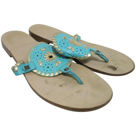 Jack Rogers Teal Aqua And Metallic Gold Southwest Inspired Thong Sandals Size Us