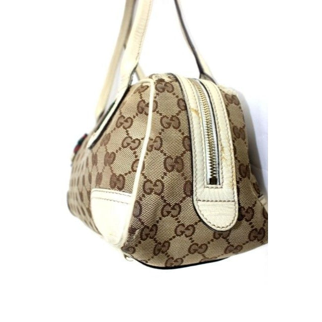 Gucci W Print Canvasleather Sherry Stripe Accents Brown Guccissimawhite Leathercanvas Satchel