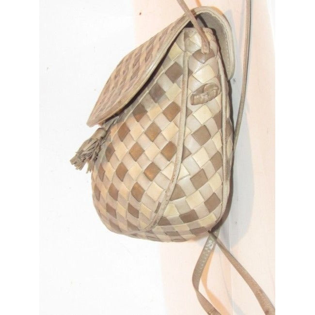 Bottega Veneta Vintage Brown Taupe And Ivory Woven Leather Shoulder Bag