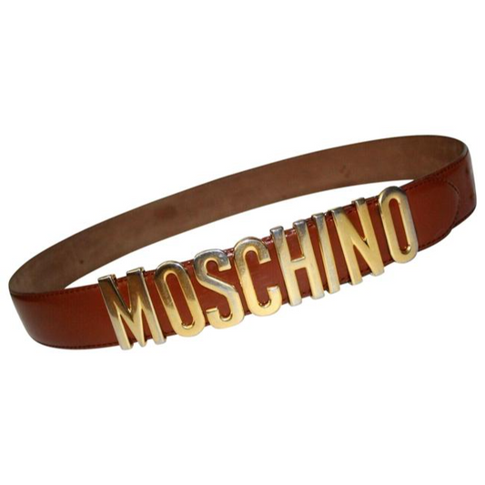 Moschino, Redwall, glossy brown leather belt with large, polished gold letters that spell out 'MOSCHINO' and can slide to act as a double snap buckle