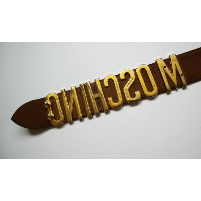 Moschino, Redwall, glossy brown leather belt with large, polished gold letters that spell out 'MOSCHINO' and can slide to act as a double snap buckle