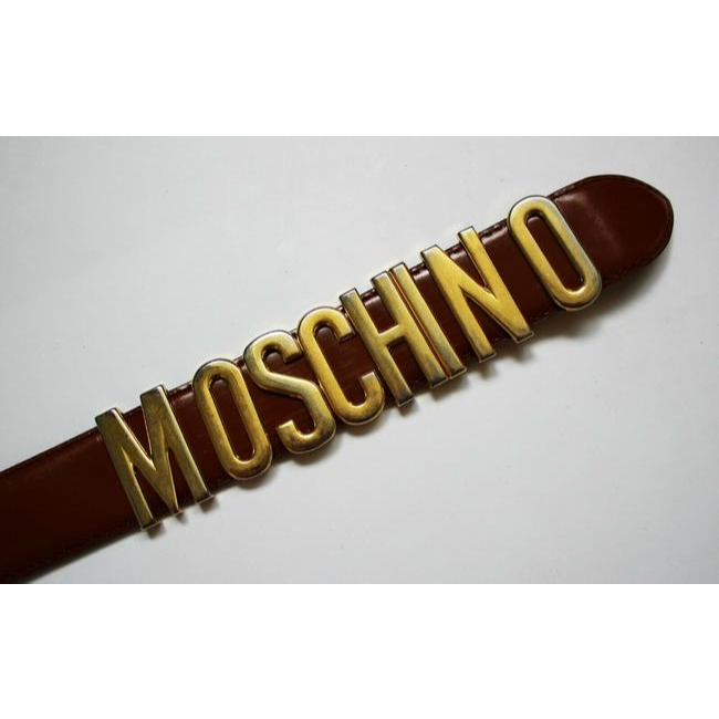 Moschino, Redwall, glossy brown leather belt with large, polished gold letters that spell out 'MOSCHINO' and can slide to act as a double snap buckle