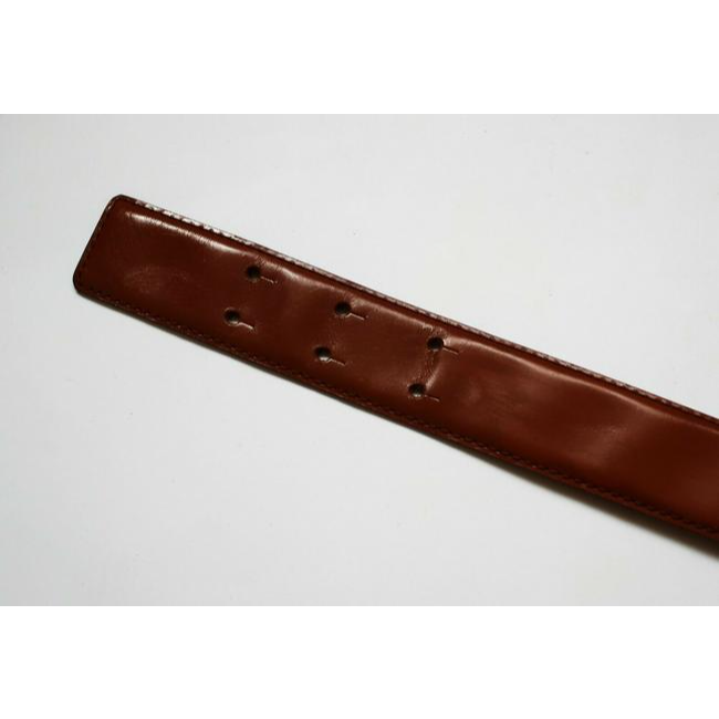 Moschino, Redwall, glossy brown leather belt with large, polished gold letters that spell out 'MOSCHINO' and can slide to act as a double snap buckle