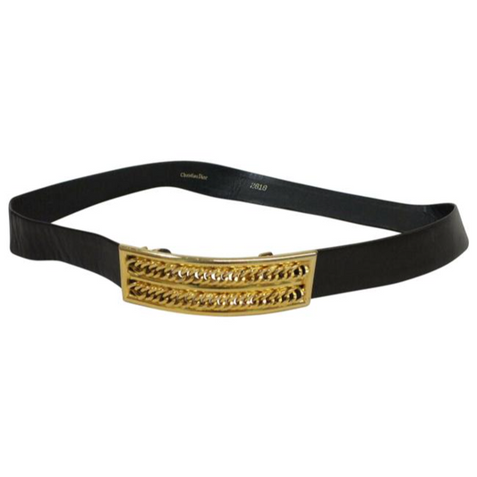 Dior Black Leather Belt w Gold Chain Buckle