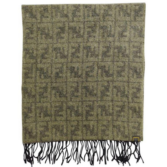 Fendi Olive Tan Zucca Print Logo Cashmere Scarf