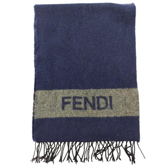 Fendi Grey Logo Print On Blue Wool Scarf
