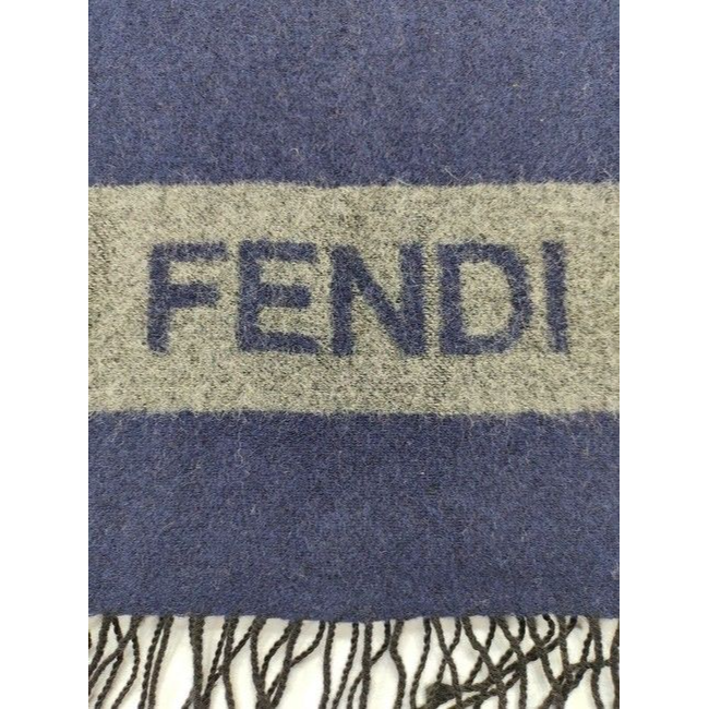 Fendi Grey Logo Print On Blue Wool Scarf