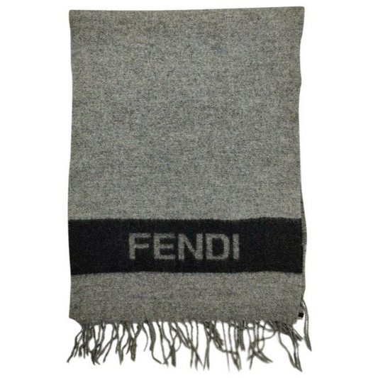 Fendi Black On Grey Logo Print Wool Scarf