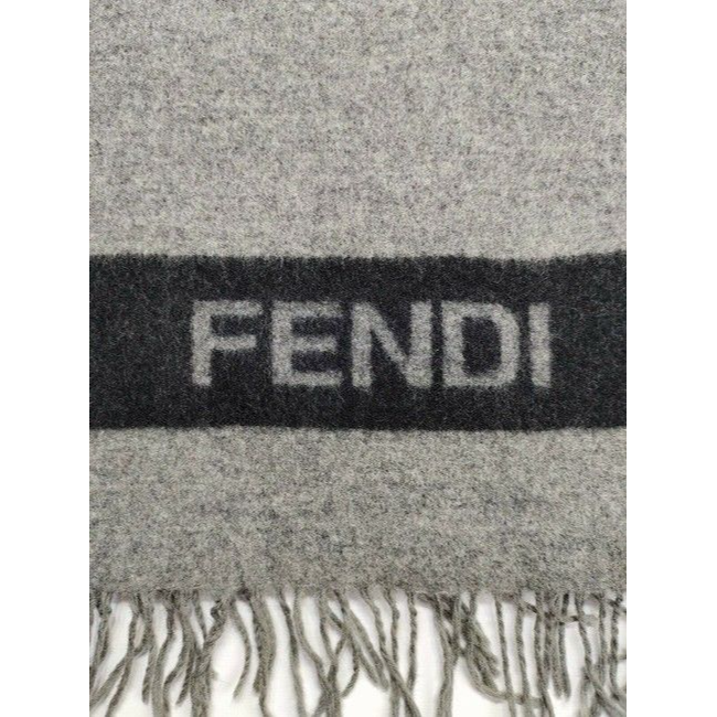 Fendi Black On Grey Logo Print Wool Scarf