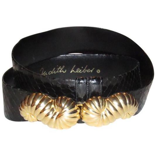 Judith Leiber Black Snakeskin Leather Belt