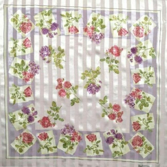 Burberry Purple Jacquard W Roses Striped Floral Print Silk Scarf