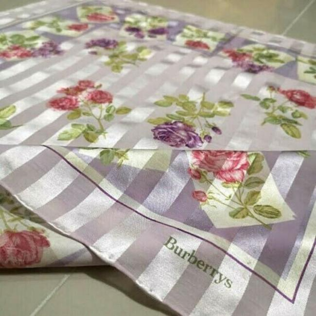 Burberry Purple Jacquard W Roses Striped Floral Print Silk Scarf