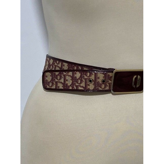 Dior Red Trotter Print Belt W Burgundy & Gold Enamel CD Buckle