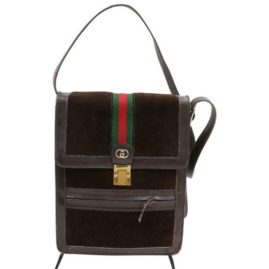 Gucci Vintage Bodyshoulder Purse Brown Suederedgreen Stripe Leather Messenger Bag