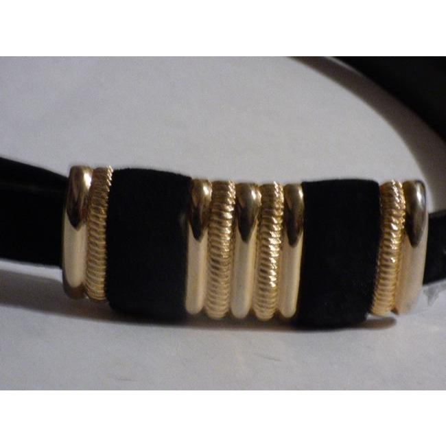 Black Suede & Leather Belt With Gold Buckle