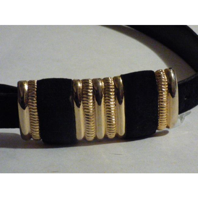 Black Suede & Leather Belt With Gold Buckle