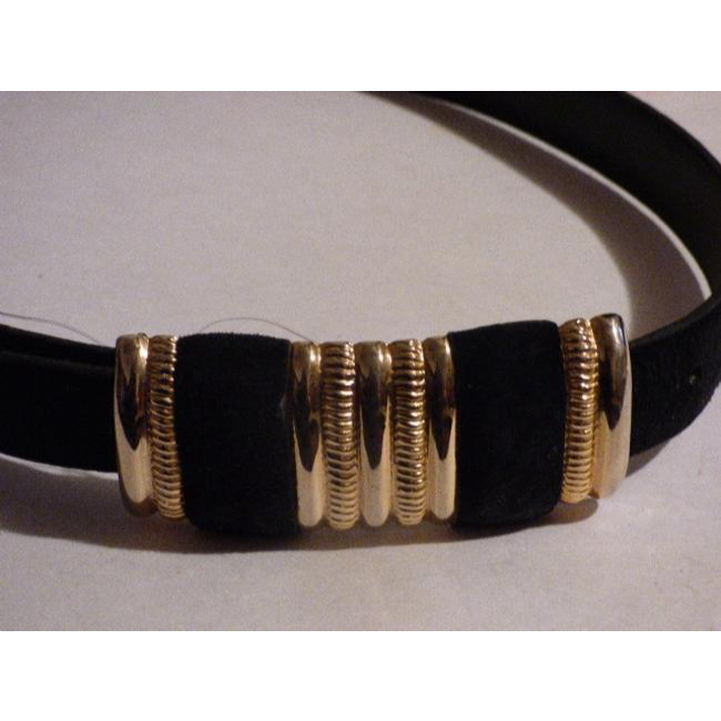 Black Suede & Leather Belt With Gold Buckle