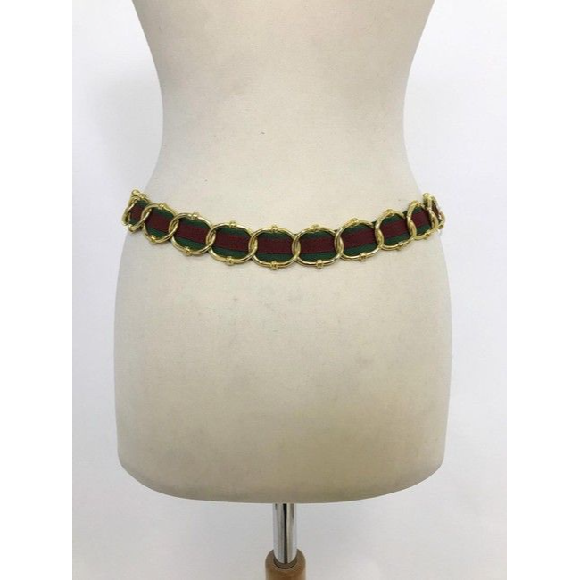 Italian NWT Red Green Stripe Gold Chain & Leather Sherry Belt