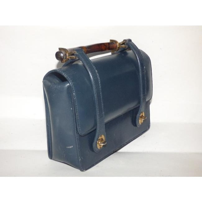 Gucci Vintage Navy Blue Leather And Bamboo Handle Satchel