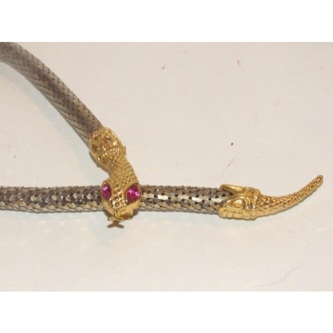 Whiting & Davis vtg silver & gold mesh snake necklace with red stone eyes!