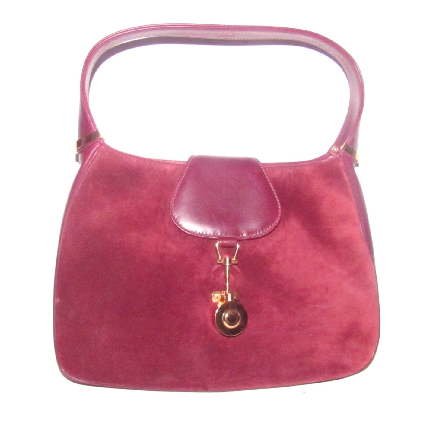 Rare, vintage, Gucci, burgundy leather & suede, unique, 1961 Jackie, hobo style shoulder bag with a two-tone piston closure & flap top