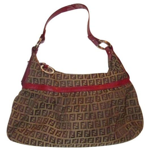 Fendi Chef Shoulder Purse Brown Zucchino Or Small F Logo Print On Tan Canvas And Red Leather Hobo Ba