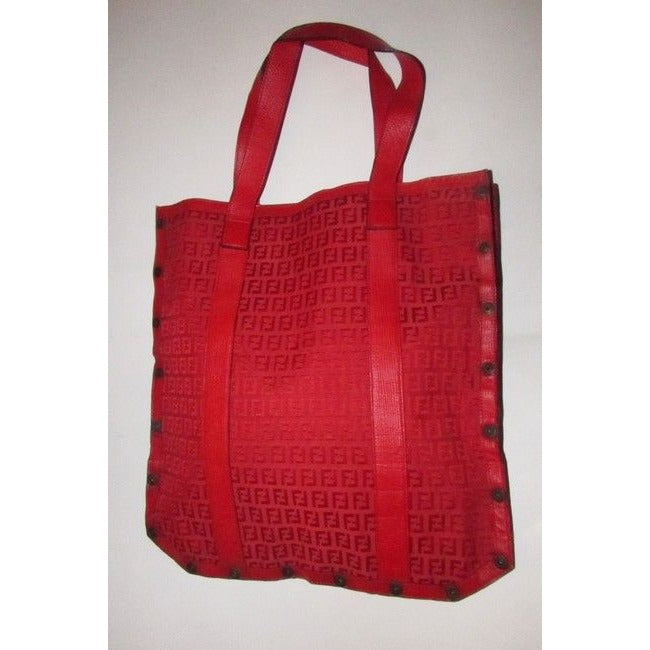 Fendi Early Xl Satchel Purses Red Zucchino Or Small F Logo Print Canvas And Red Leather Tote