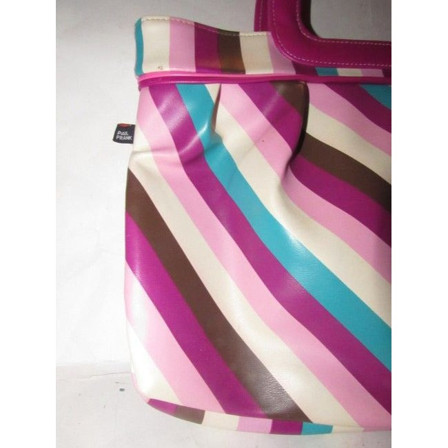 Paul Frank Pursesdesigner Purses Ivory Turquoise Plum And Lavender Striped Print Pvc Tote