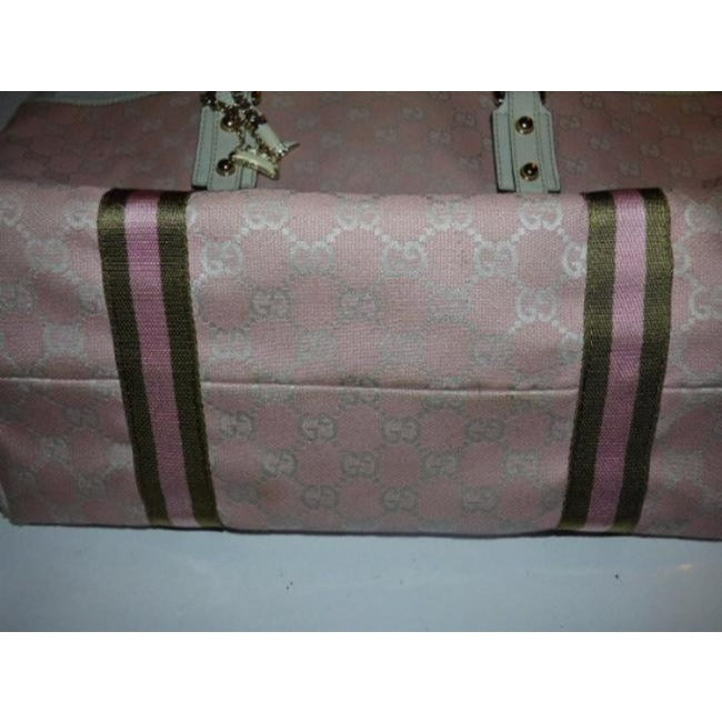 Gucci Vintage Pink And White With Ivy Green Leather Canvas Tote