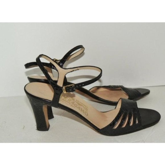 Ferragamo Black Snakeskin Leather Open Toe Sandals