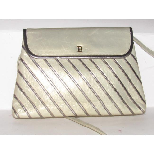 Bally Vintage Pursesdesigner Purses Greenish Gold Leather With Silver Striped Accents Shoulder Bag