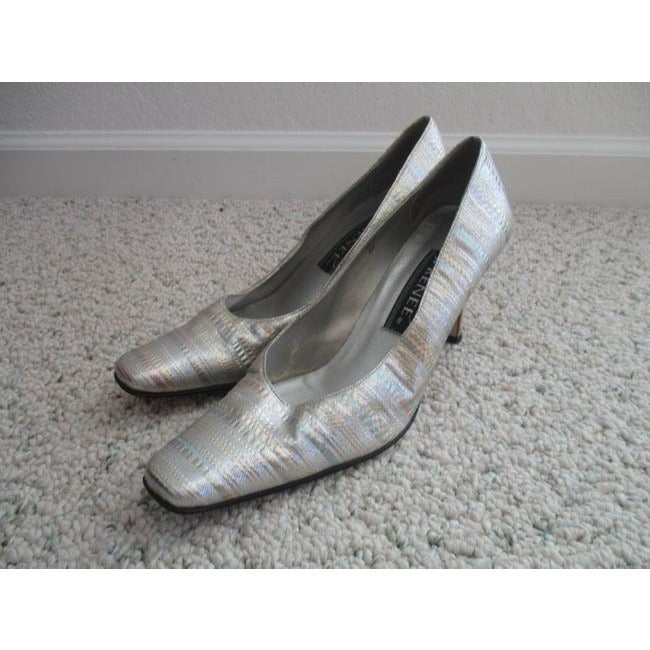 J Renee Silver Vintage Metallic Fabric Subtle Pastel Striped Heels Pumps Size Us