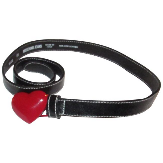 Moschino NWT Black Leather Belt w Red Enamel Heart Buckle