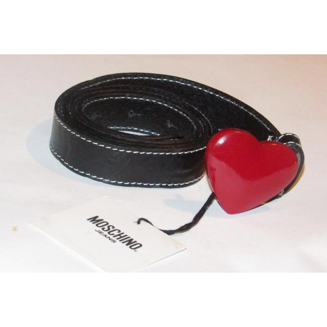 Moschino NWT Black Leather Belt w Red Enamel Heart Buckle