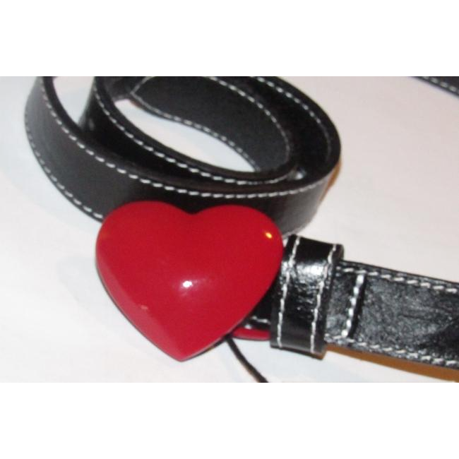 Moschino NWT Black Leather Belt w Red Enamel Heart Buckle