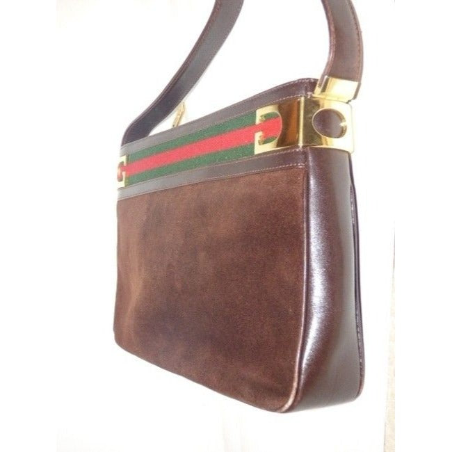 Gucci Vintage Brown Suede And Leather With Red And Green Striped Top Hobo Bag