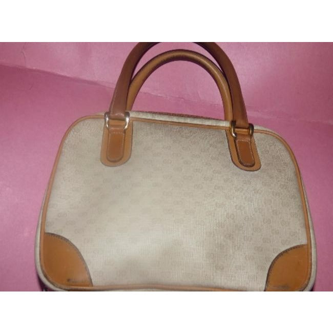 Gucci Boston Vintage Ivory And Camel Small G Logo Leather Coated Canvas Satchel