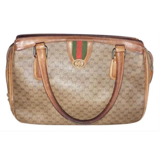 Gucci Vintage Gg Brown Small G Logo Print Coated Canvas And Brown Leather