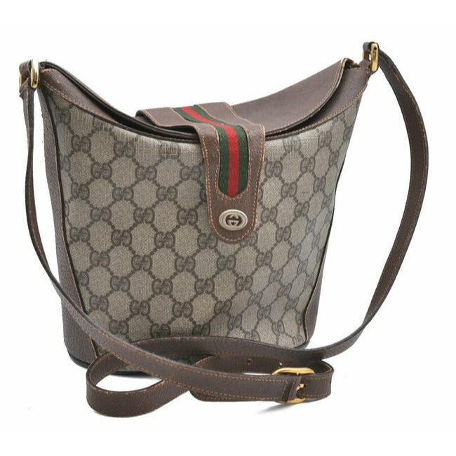 Gucci Brown Guccissima Print Leather Accessory Col Ophidia Bucket Bag w Red & Green