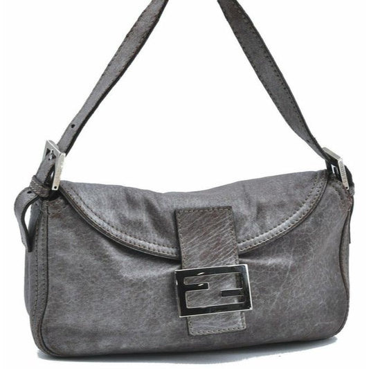 Fendi Shoulder Bag Double Flap Mamma Gray Lambskin Leather Baguette