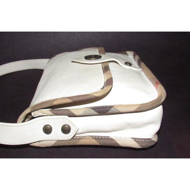 Burberry Purses White Leather With Nova Check Plaid Canvas Trim And Coated Shoulder Bag