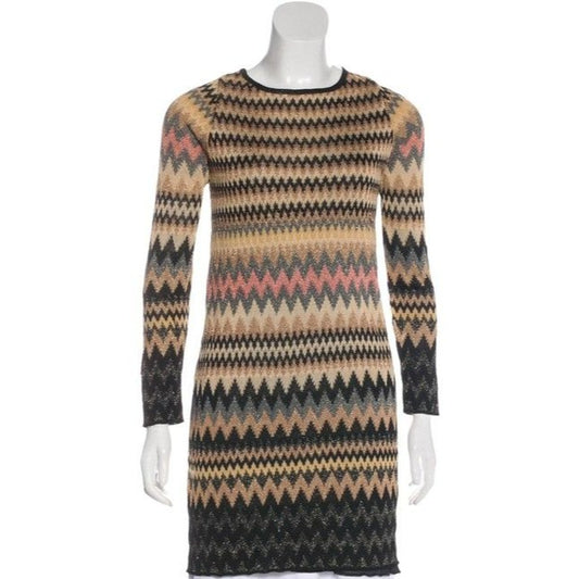 M Missoni Silver Black And W Metallic Chevron Print Sweater Mid Length Short Casual Dress